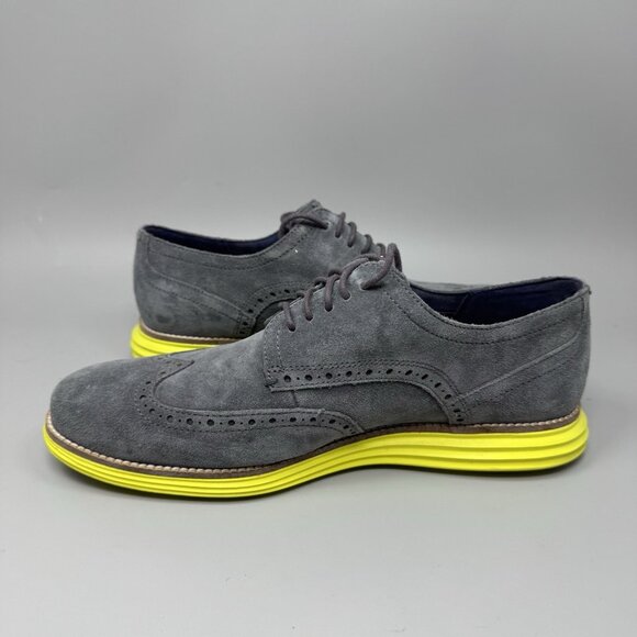 Cole Haan LunarGrand Wingtip Mens 9W Gray Suede with Volt Yellow Sole C28220 main image 4